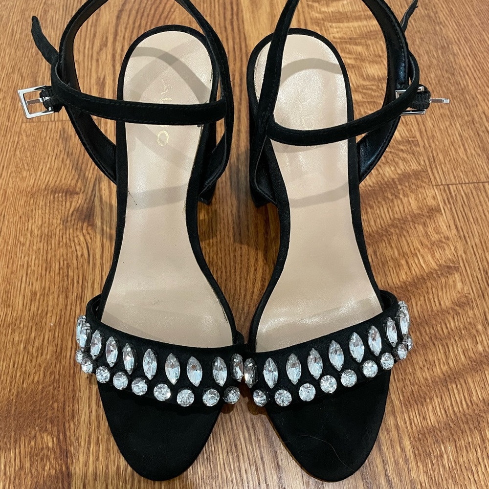Beautiful Black Strappy Sandals with Jewel Diamond Accents - Suede Aldo Size 6